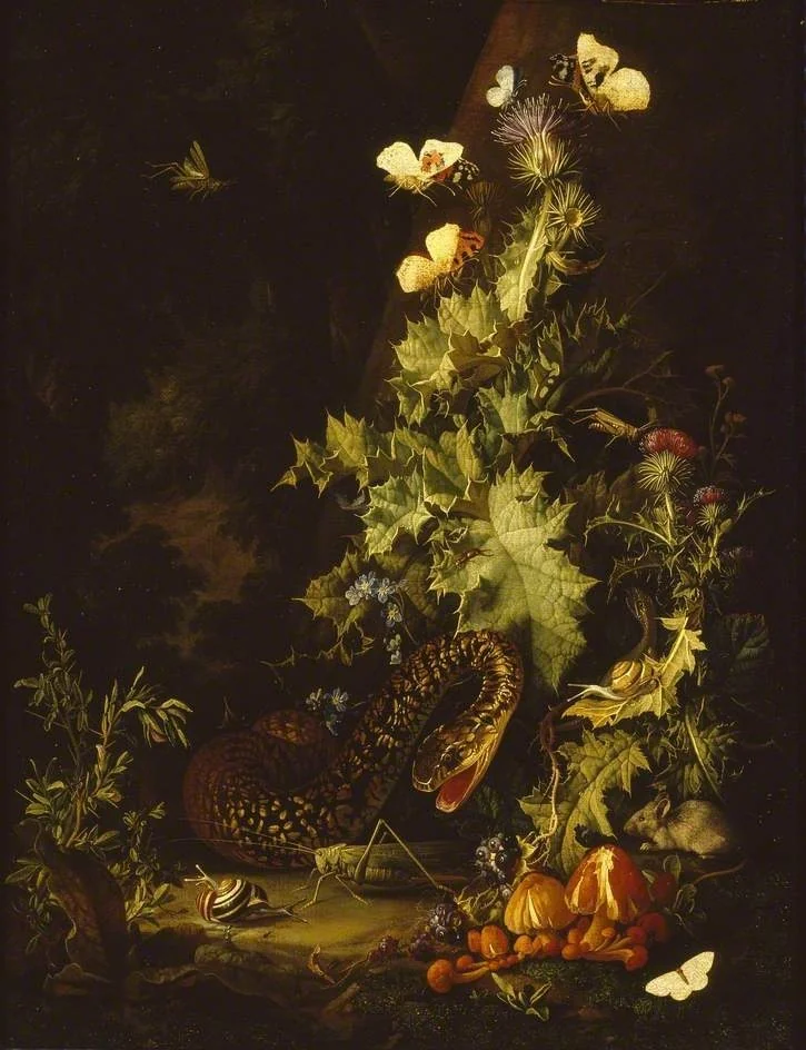 Still Life with a Snake, by Elias van den Broeck, oil, 1690