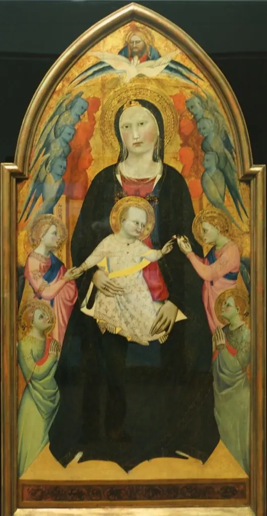 Virgin Mother and Child enthroned surrounded by the Holy Father, the Holy Ghost and Angels