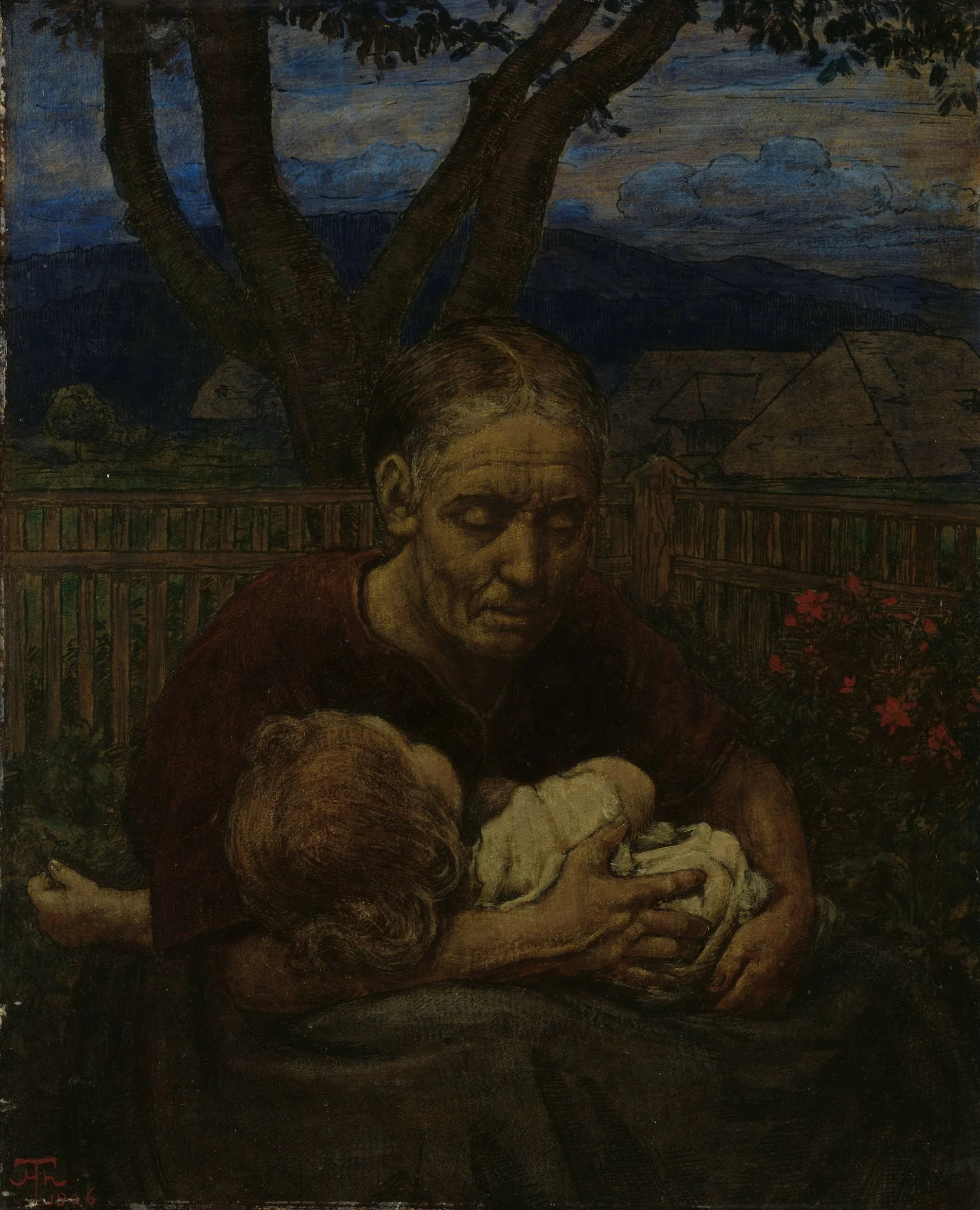 Mother and Child in a garden, by Unknown, unspecified, 1887