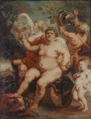 Bacchus sitting on a barrel, by Peter Paul Rubens, oil, 1638