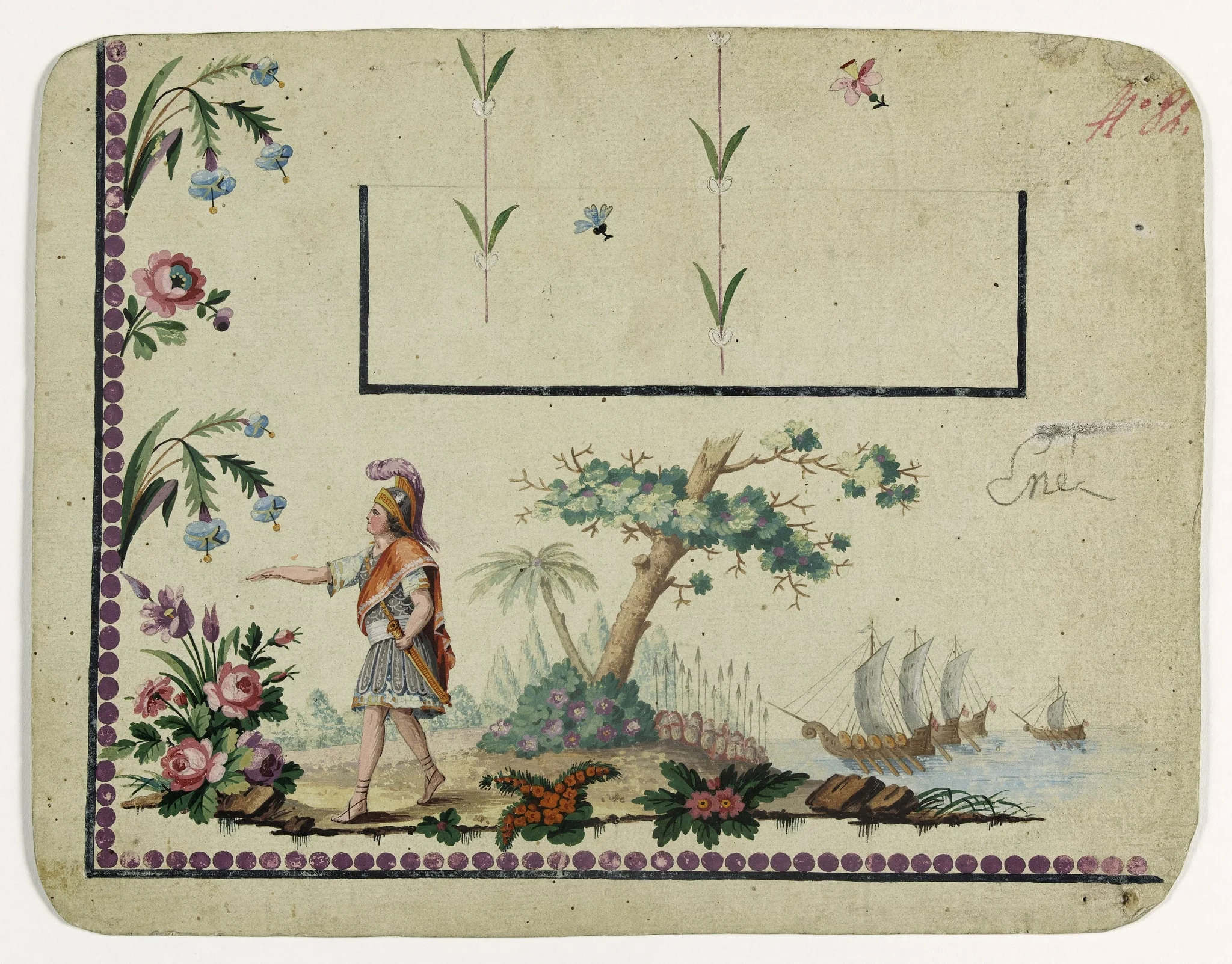 Gilet décor Enée aborde en Afrique ou en Italie [ ? ], projets de broderies de gilet, XVIIIème siècle, by Anonyme, 1785