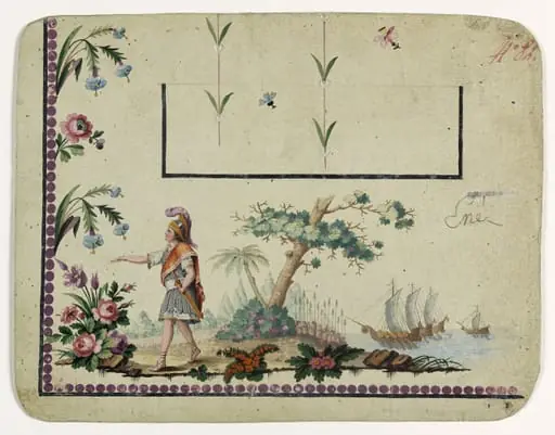 Gilet décor Enée aborde en Afrique ou en Italie [ ? ], projets de broderies de gilet, XVIIIème siècle