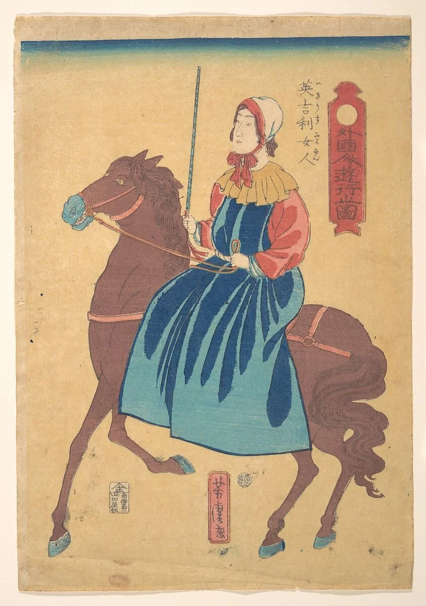 Igirisu nyōjin|Englishmen Woman on Horseback, by Utagawa Yoshitora, ink, 1