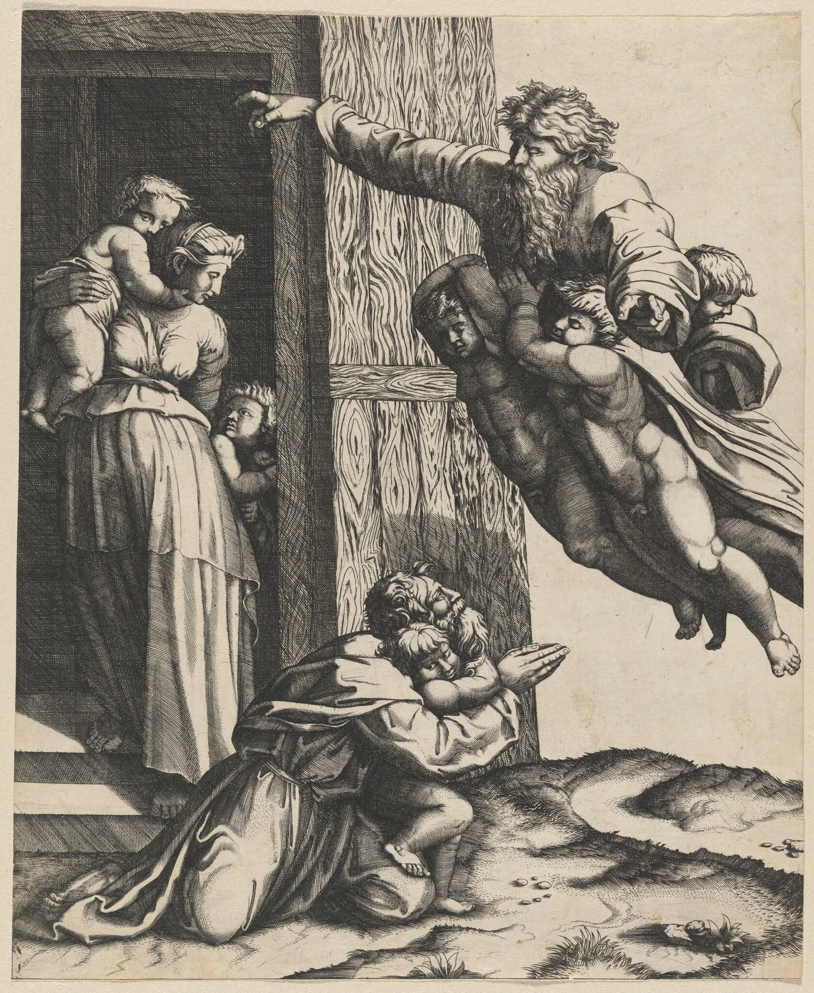 God Appearing to Noah, by Raimondi School, ink, 1518