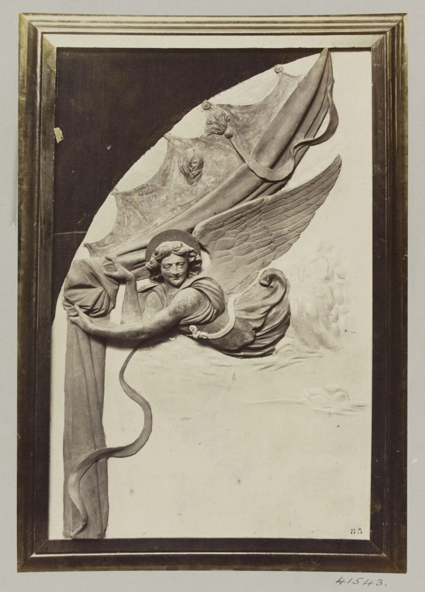 Bas-relief detail depicting an Angel drawing back a curtain in enamelled terra cotta and gilt, by Louise Laffon, photographic, 1864