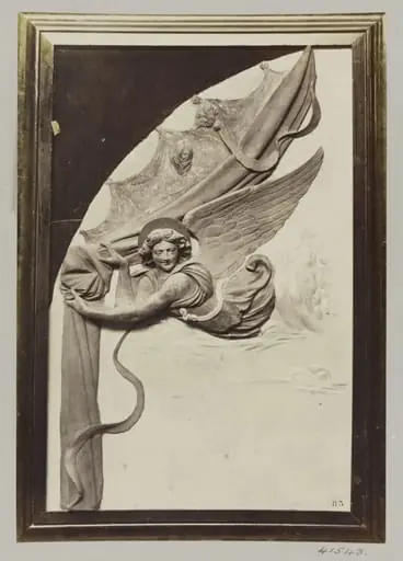 Bas-relief detail depicting an Angel drawing back a curtain in enamelled terra cotta and gilt