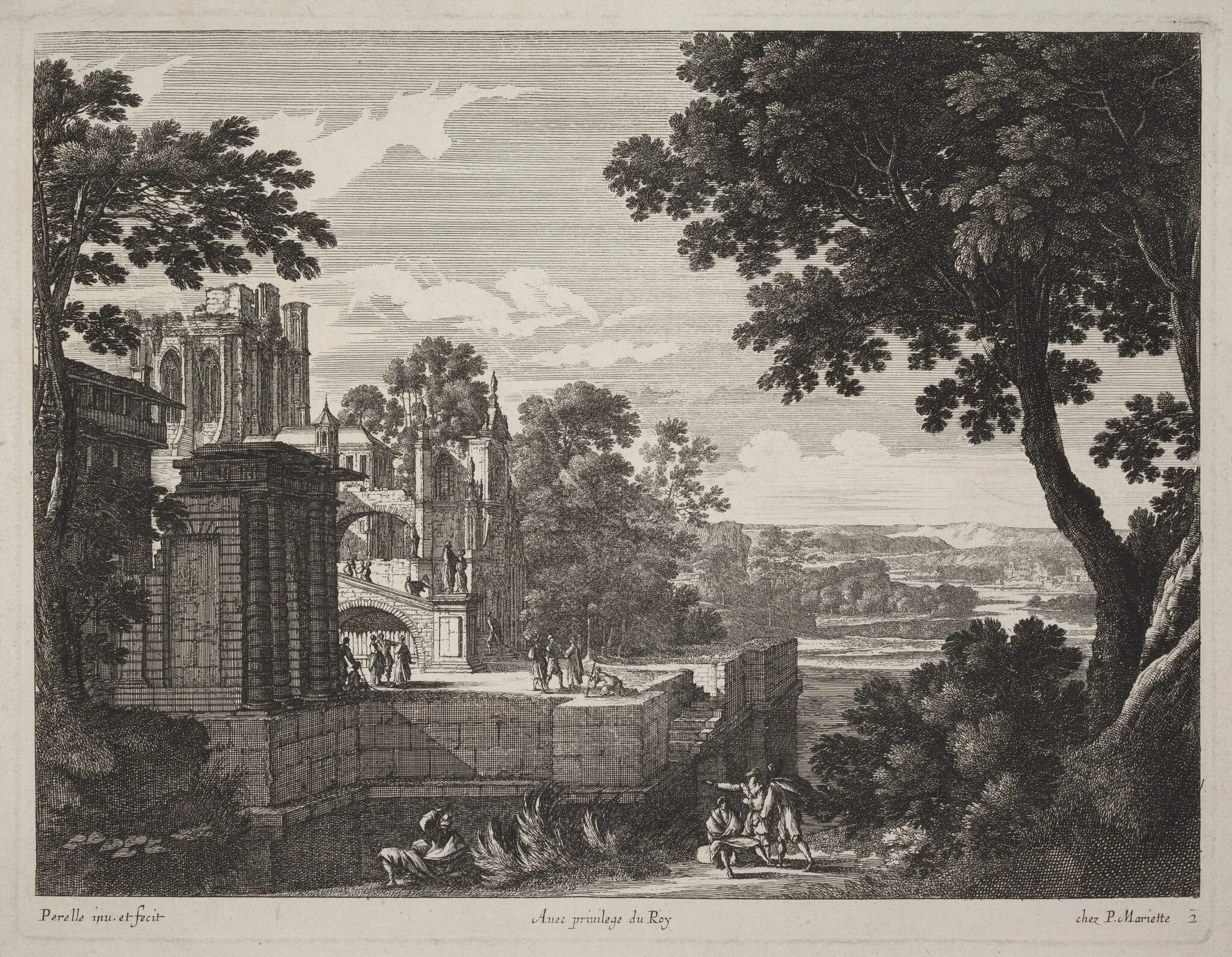 Large Landscape with a Ruined Abbey, by Gabriel Perelle, ink, 1640