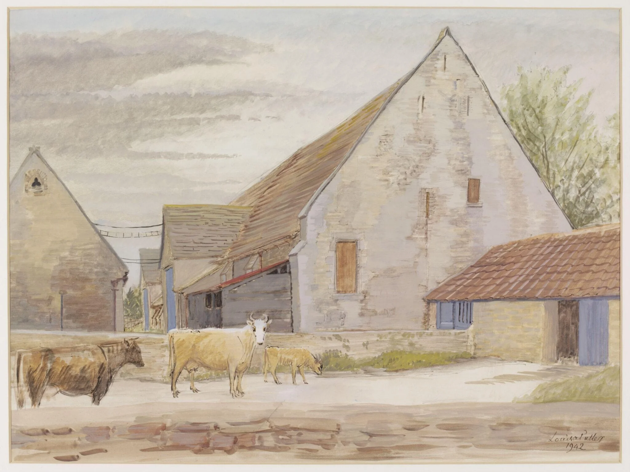 Barns at Frocester Court, Near Stonehouse, by Puller, watercolor, 1942