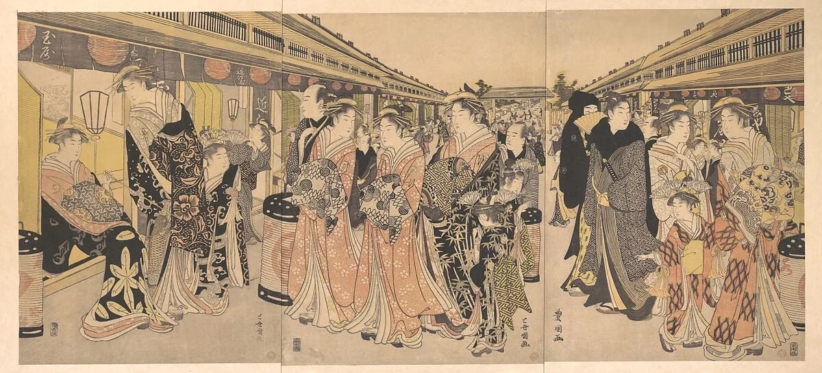 吉原仲の町花魁道中|Courtesans Promenading on the Nakanochō in Yoshiwara, by Utagawa Toyokuni I, ink, 1795
