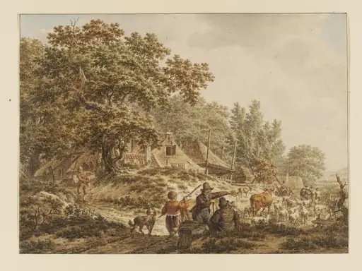 Herdsmen and Their Flocks Before a Dutch Farmstead Among Trees