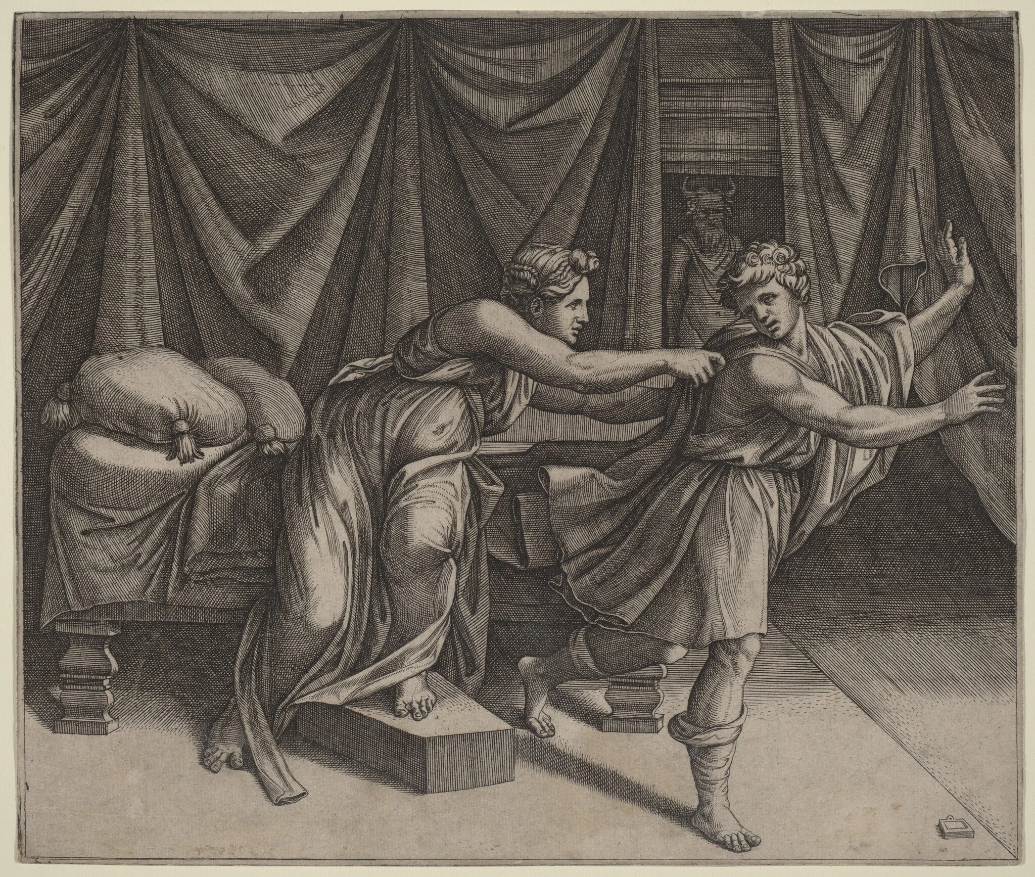 Joseph and Potiphar's Wife, by Marcantonio Raimondi, ink, 1520