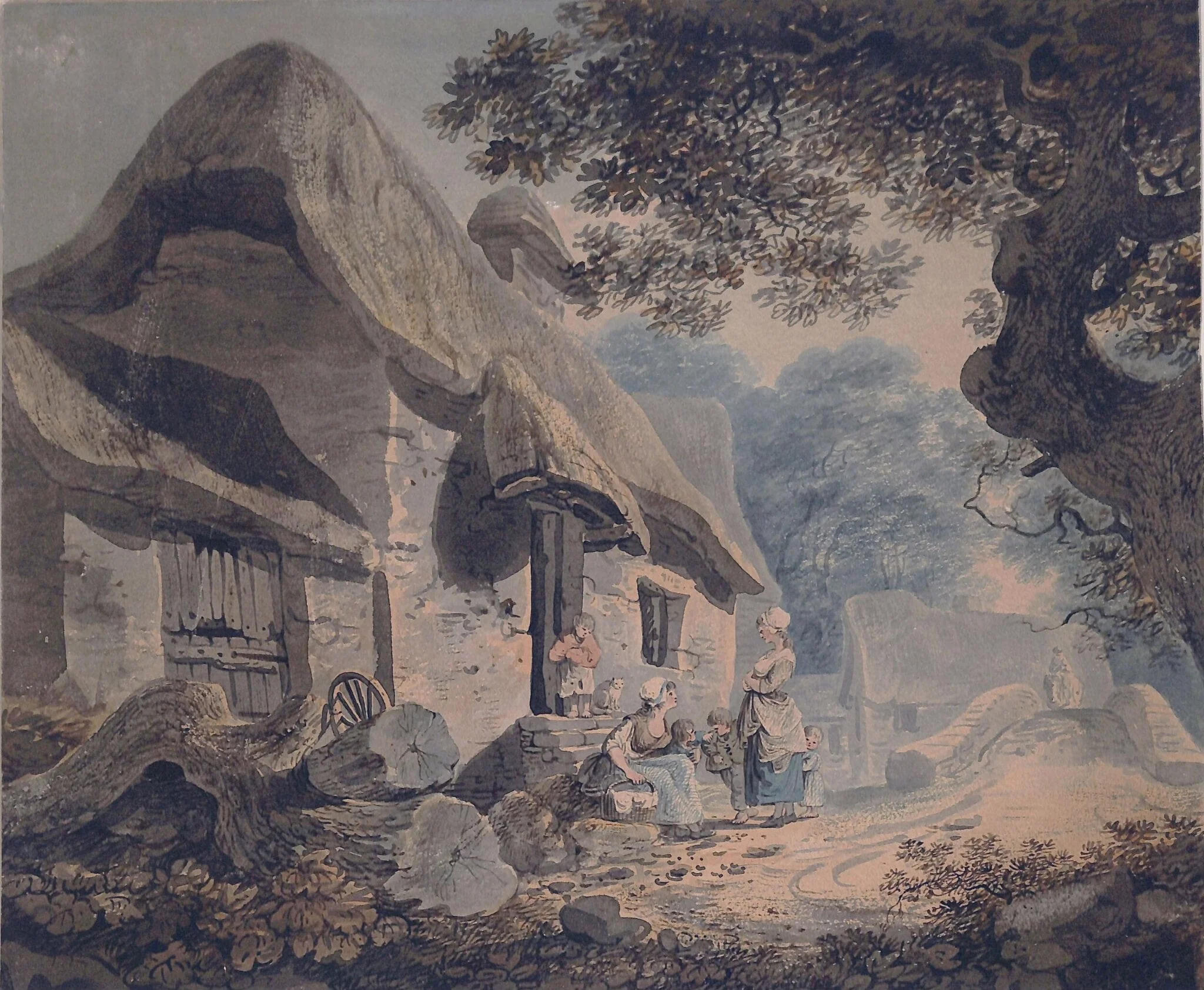 Thatched farm buildings with figures