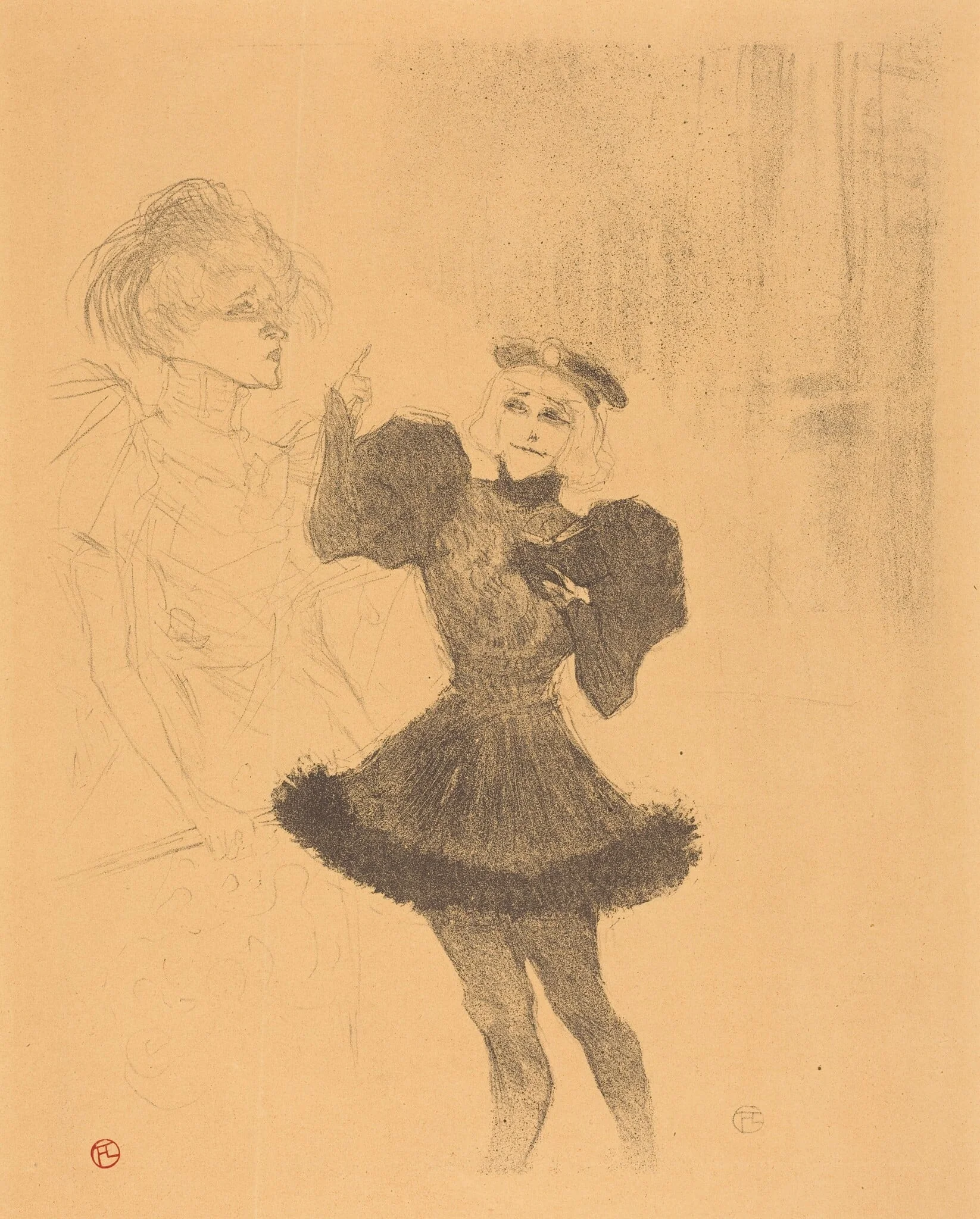 Lender and Lavalliere in "Le fils de l'Aretin" (Lender et Lavallière dans "Le fils de l'Arétin"), by Henri de Toulouse-Lautrec, ink, 1896