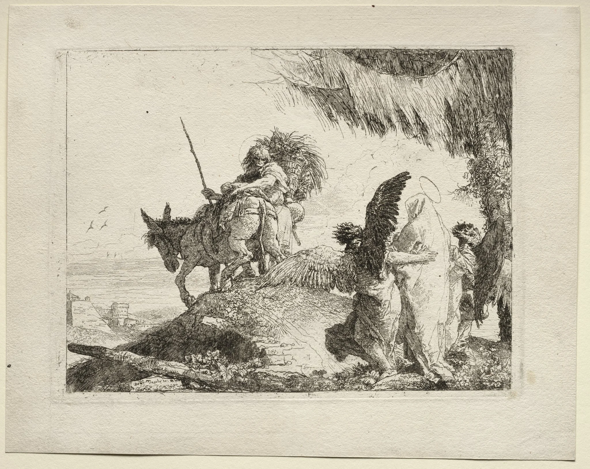 The Flight into Egypt:  The Flight with the Madonna at Right Supported by Angels, by Giovanni Domenico Tiepolo, 1752