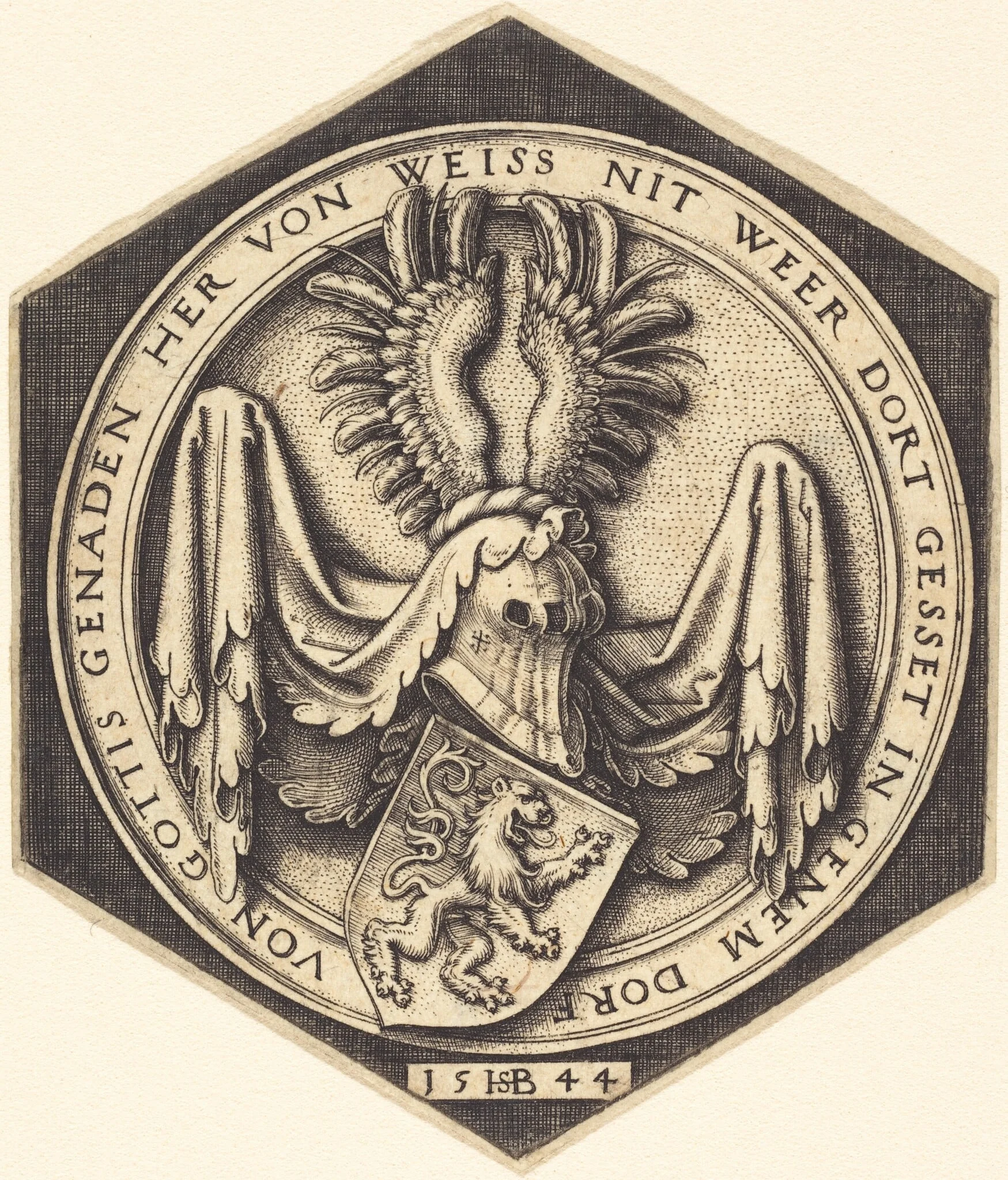 Coat of Arms with a Rampant Lion, by Sebald Beham, ink, 1544