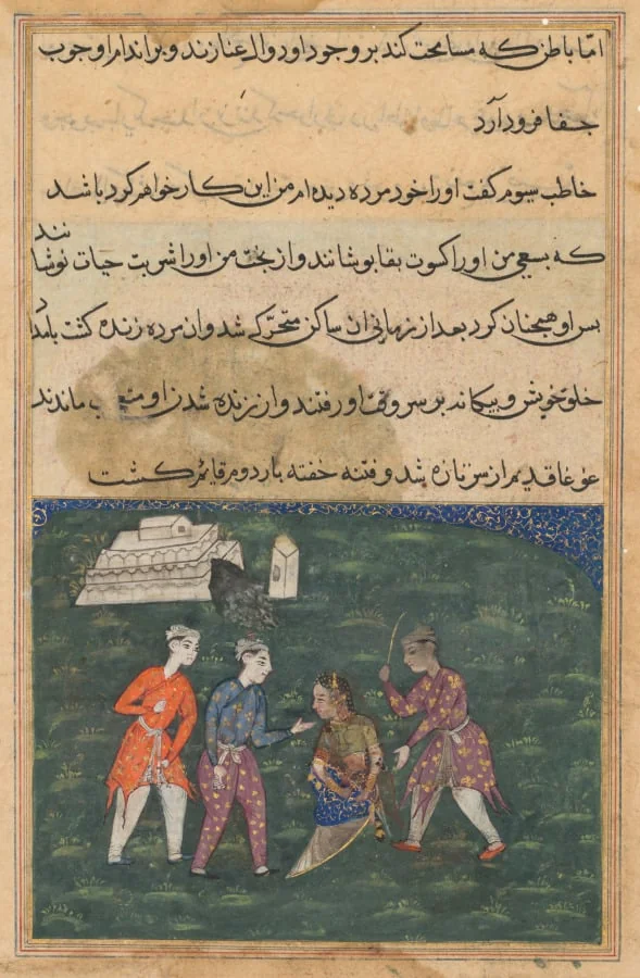 The third suitor strikes the devotee’s daughter and thus restores her to life, from a Tuti-nama (Tales of a Parrot): Twentieth Night, by Unknown, unspecified, 1560