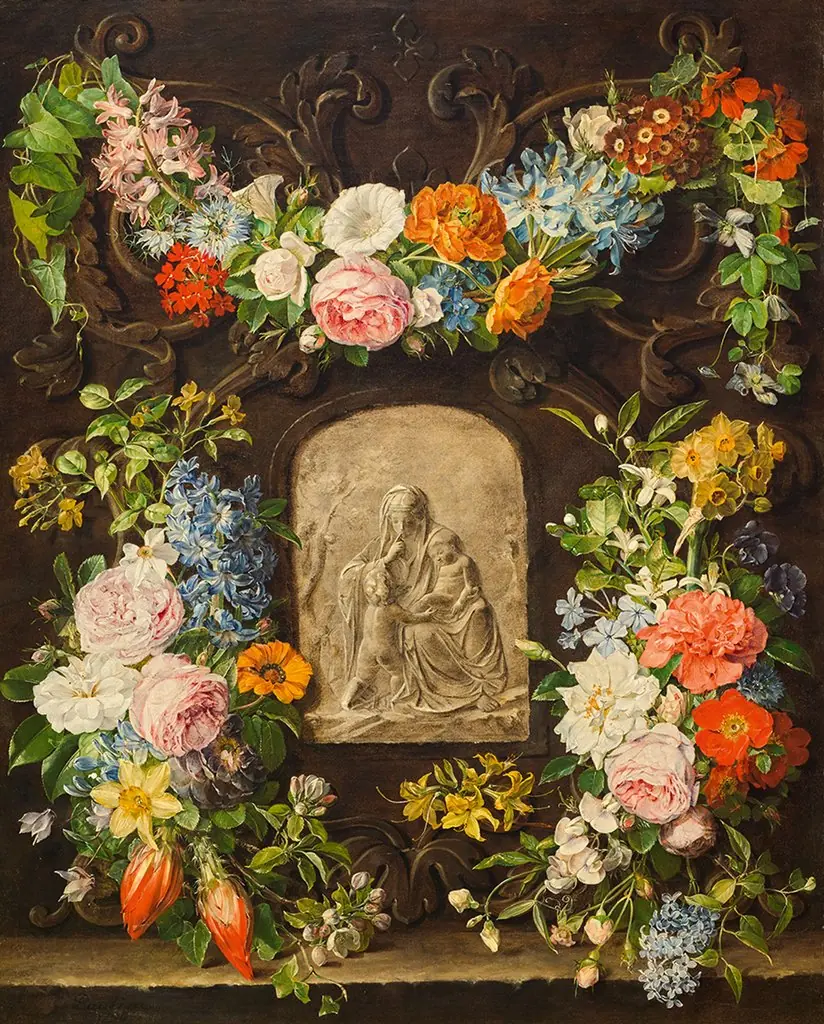 Flower garland with a relief of a Madonna