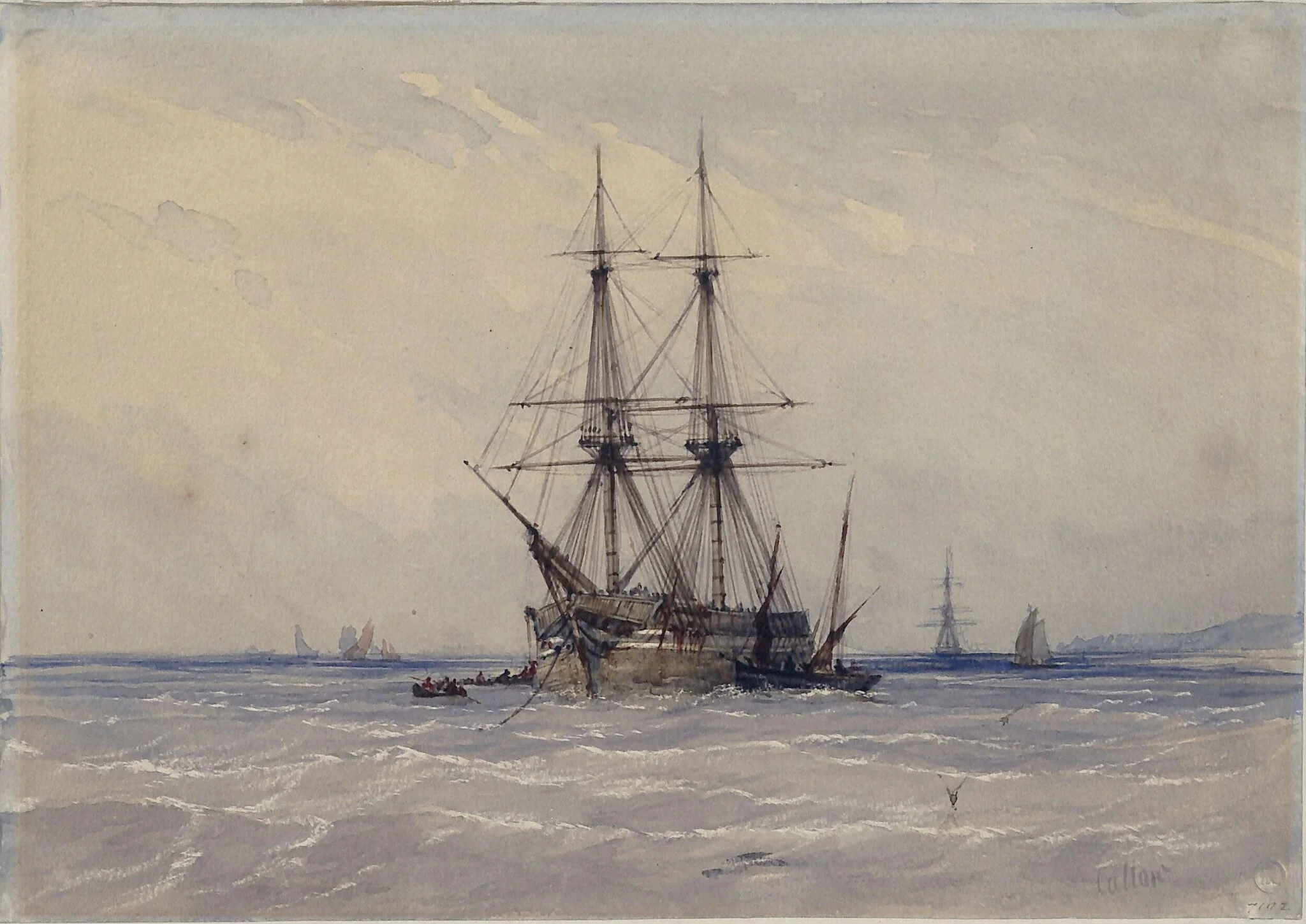 Brig at Anchor, and Boats Alongside, by William Callow, watercolor, 1835