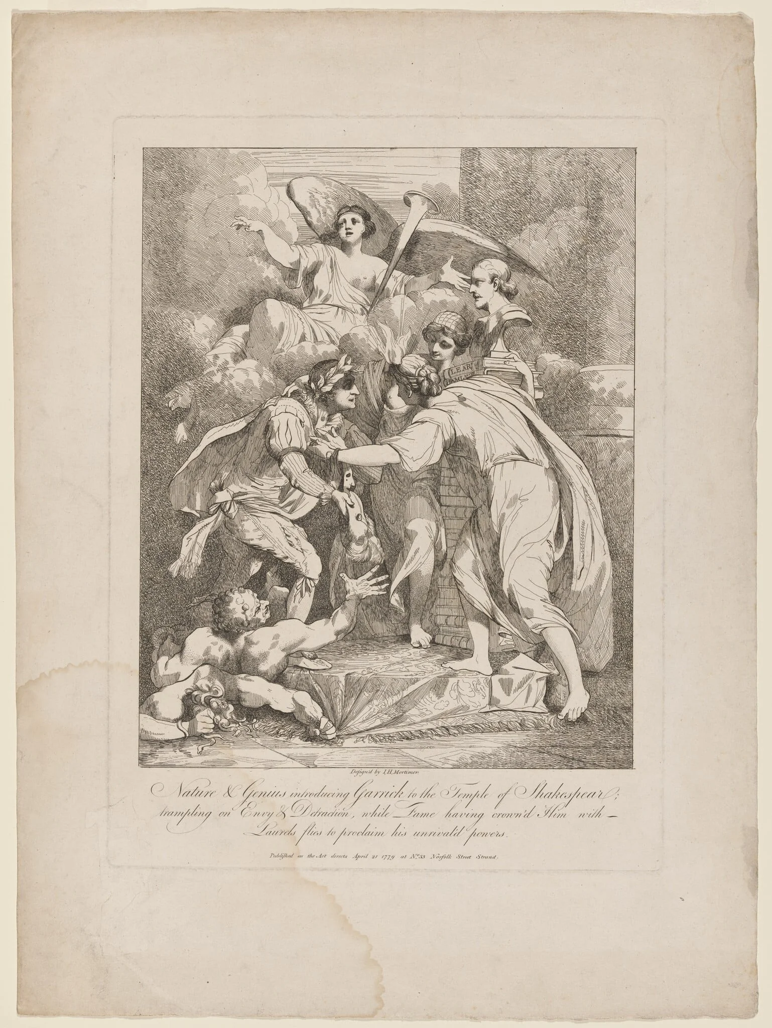 Nature and Genius Introducing Garrick to the Temple of Shakespeare, by British 18th Century, ink, 1779