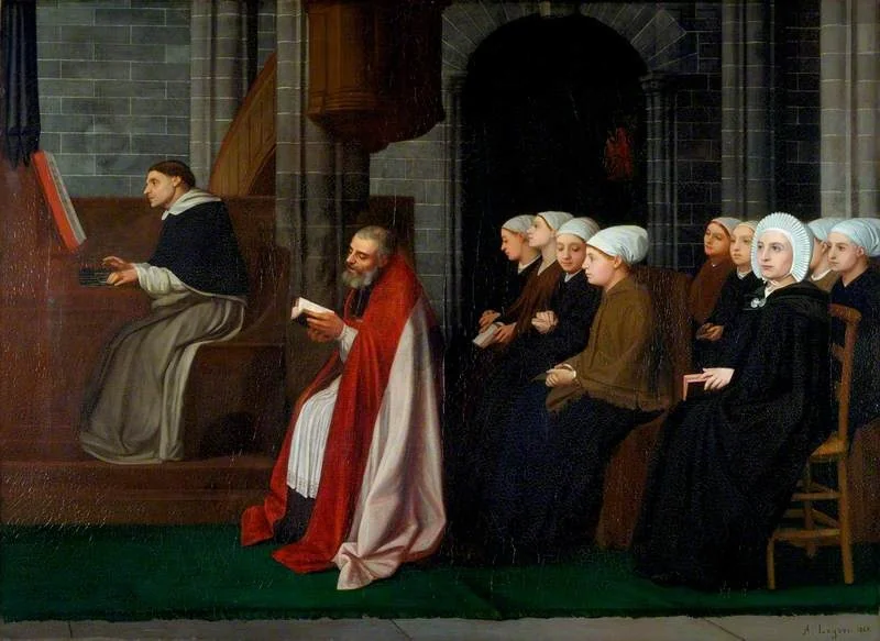 A May Service for Young Women, by Alphonse Legros, oil, 1868