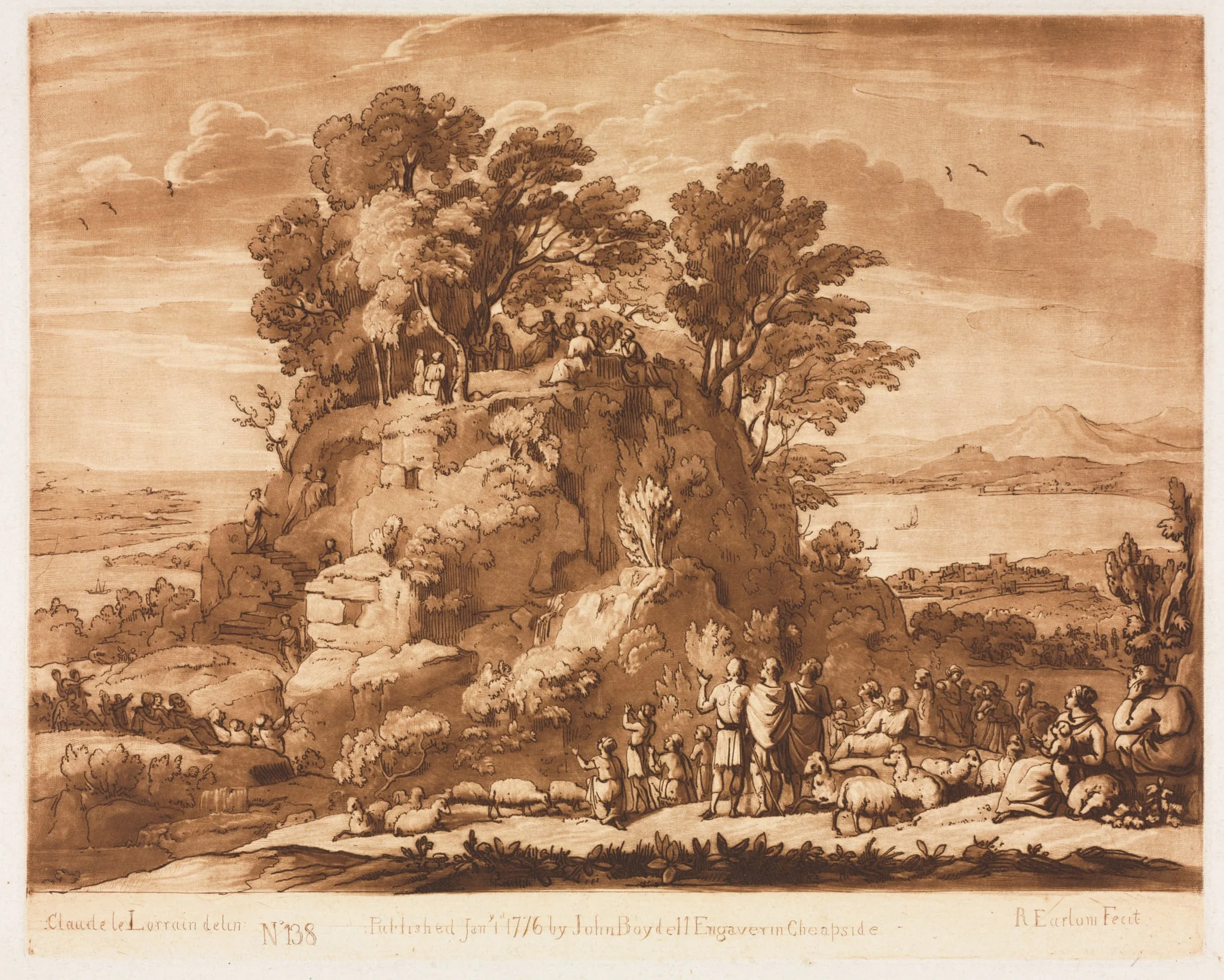 Liber Veritatis:  No. 138, A View of the Sea, with Christ Preaching on the Mount (the water below may probably be intended for the Sea of Tiberius), by Richard Earlom, 1776