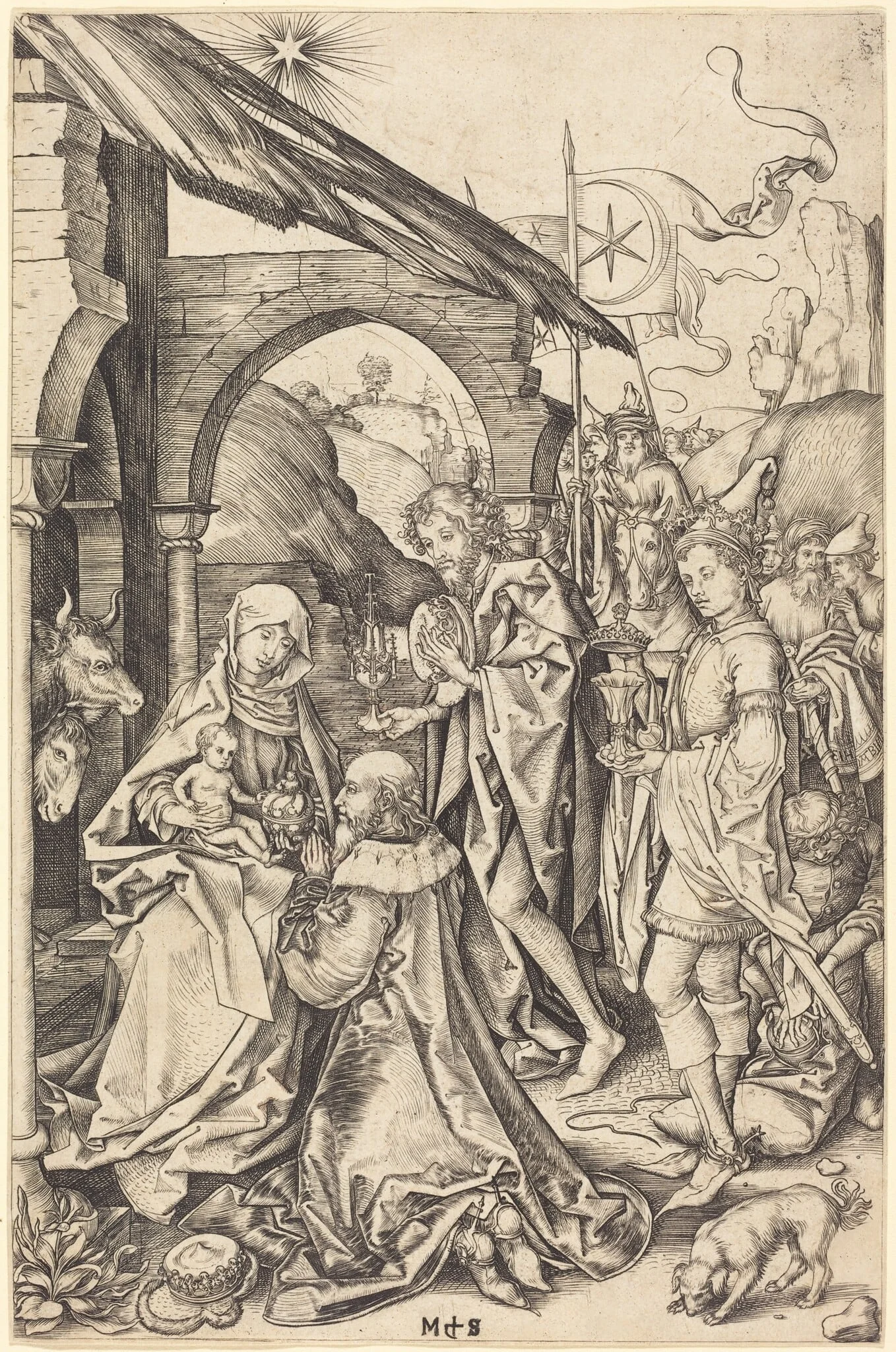 The Adoration of the Magi, by Martin Schongauer, ink, 1472