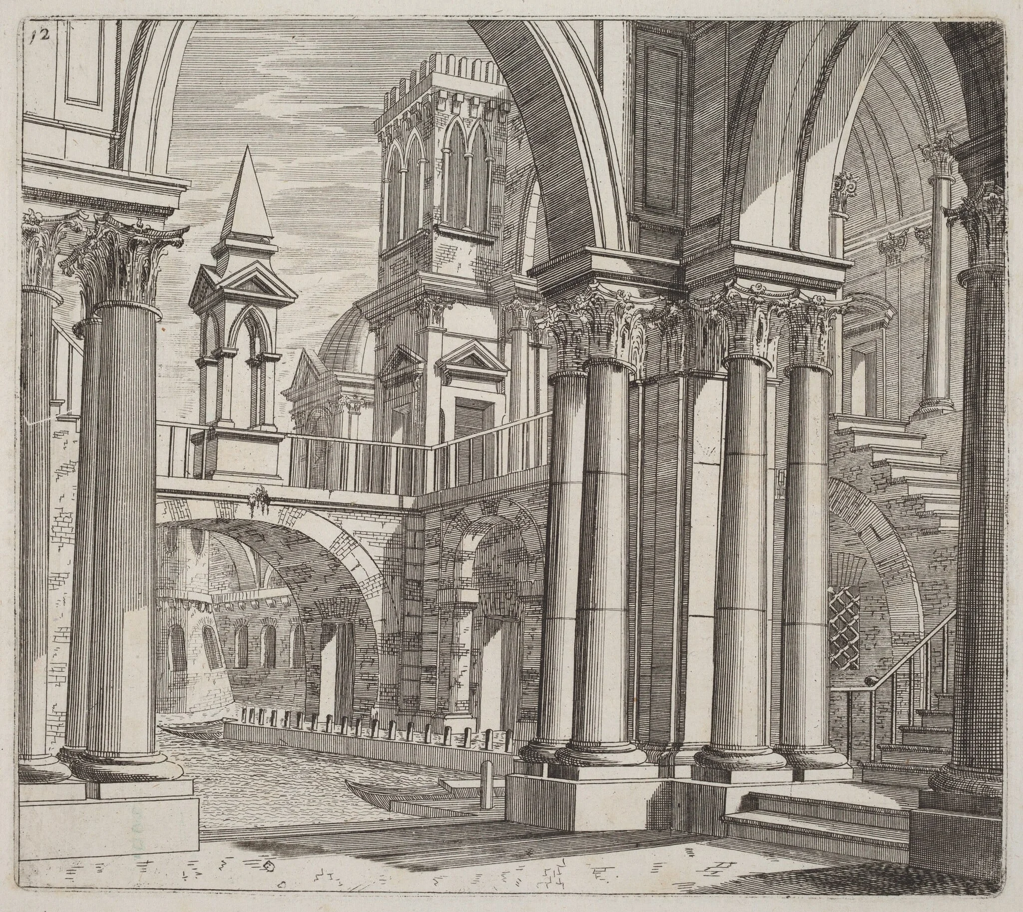Architectural Fantasy with Buildings, Stairways, and Portals beside a Canal, by Giuseppe Antonio Landi, ink, 1753