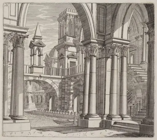 Architectural Fantasy with Buildings, Stairways, and Portals beside a Canal