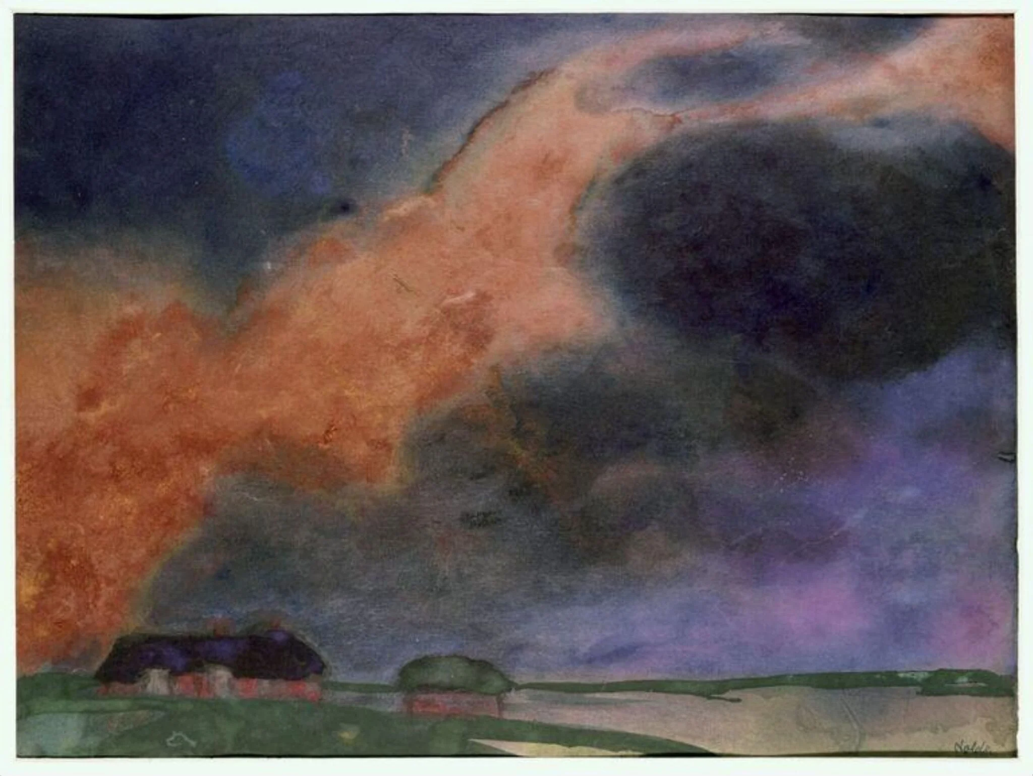 Friesland Farm under red clouds, by Emil Nolde, watercolor, 1930