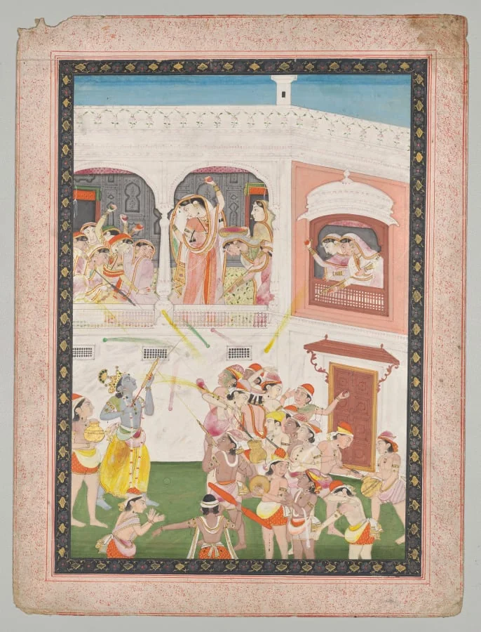Radha and Hindu God Krishna celebrating the festival Holi, by Unknown, unspecified, 1805