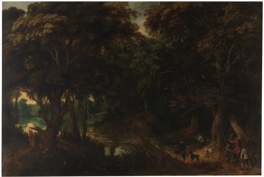Wooded landscape with hunters