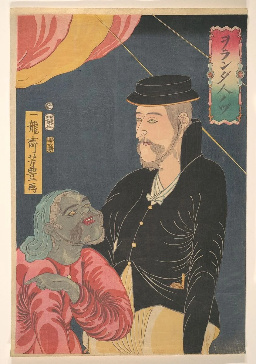 Orandajin no zu|Dutchman with Black Servant, by Ichiryūsai Yoshitoyo, ink, 1