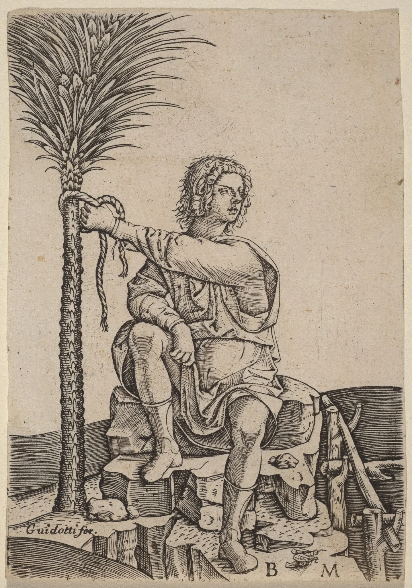 Man Seated by a Palm Tree, by Benedetto Montagna, ink, 1512