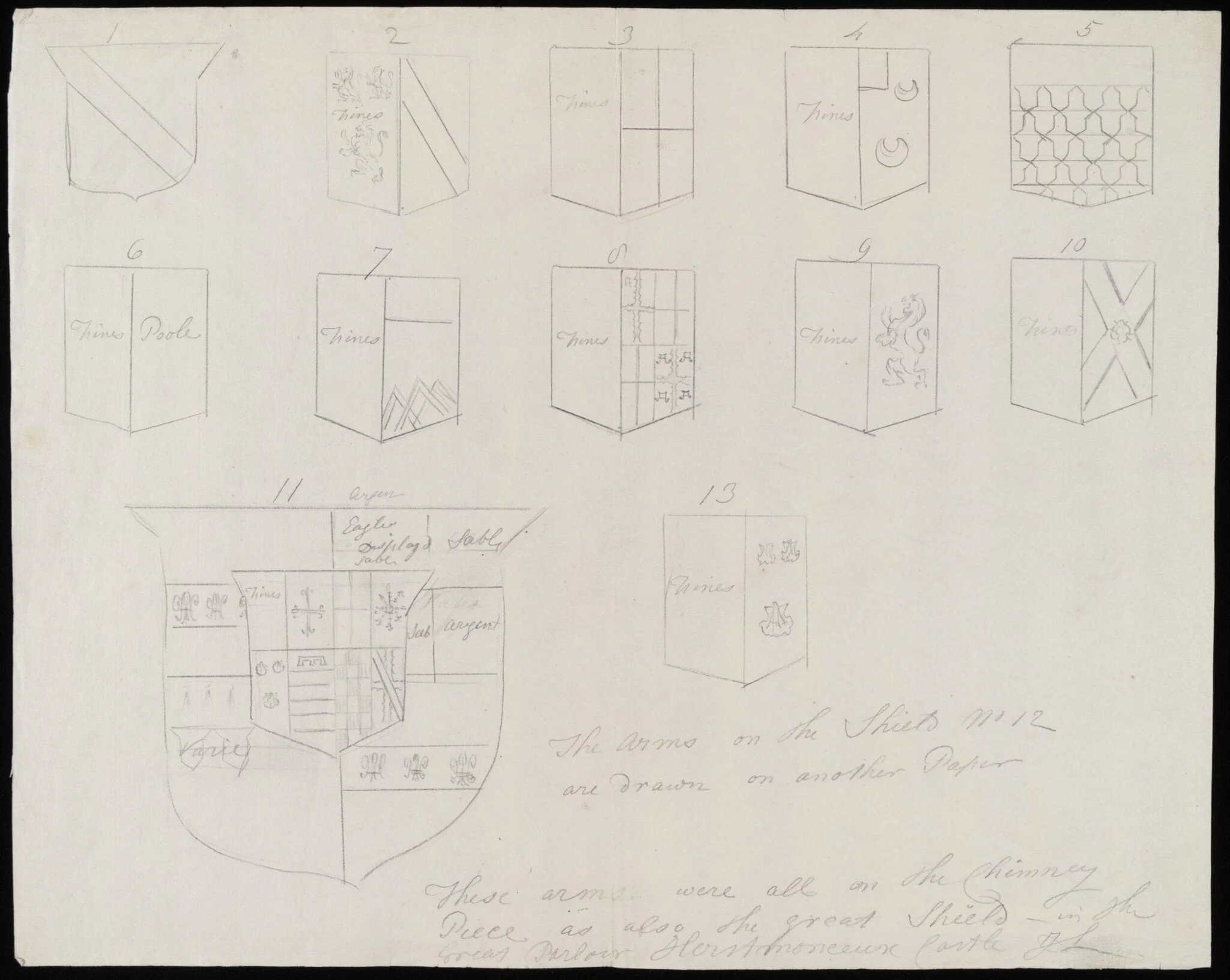 Sketches of coats of arms on chimney-piece of Great Parlour., by James Lambert senior, 1776