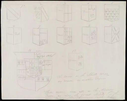 Sketches of coats of arms on chimney-piece of Great Parlour.