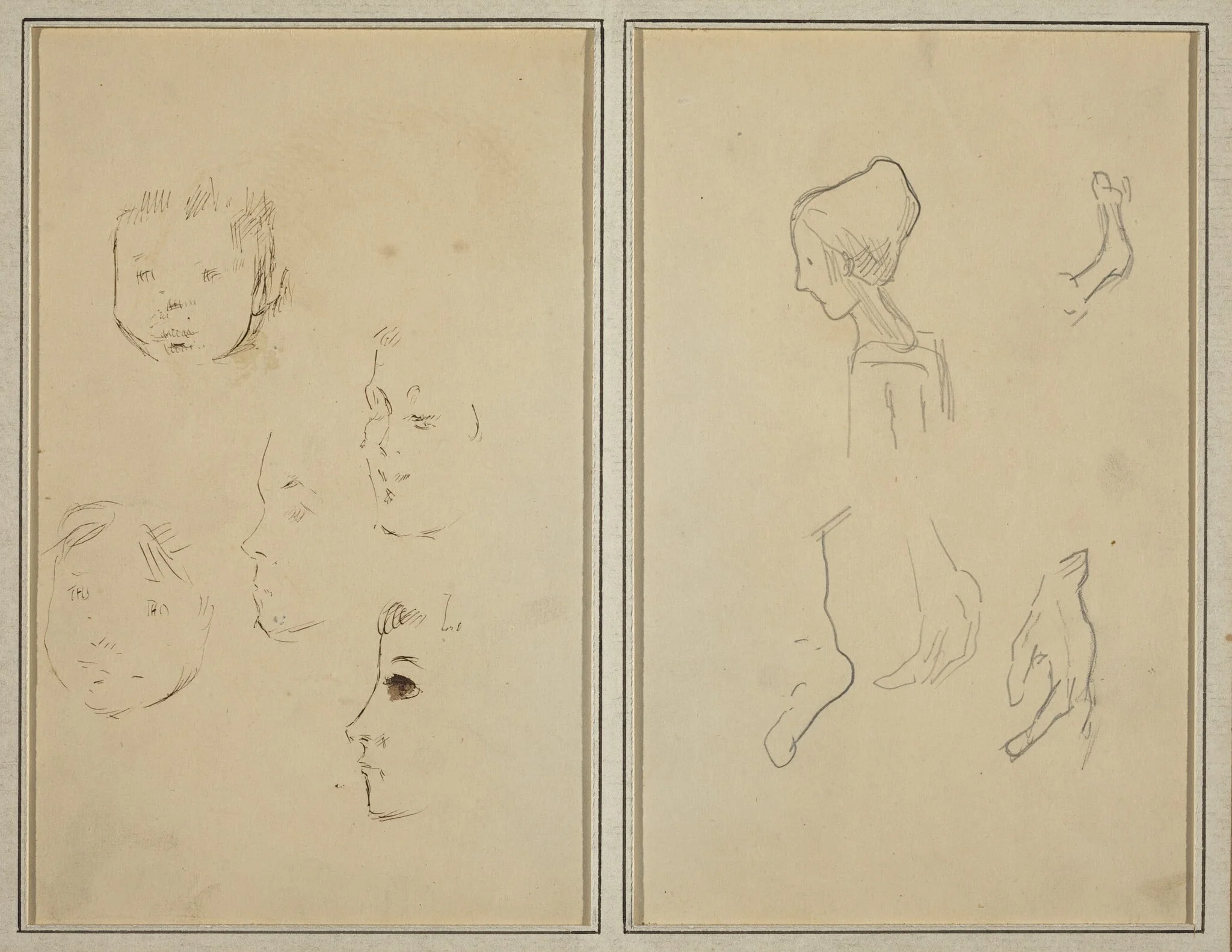 Five Studies of Heads; A Boy in Profile with Studies of Hands and Feet [verso]