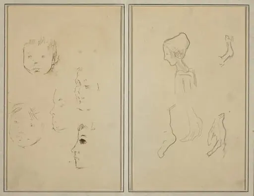 Five Studies of Heads; A Boy in Profile with Studies of Hands and Feet [verso]