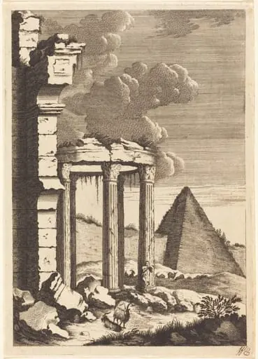Goats before Ruins and a Pyramid