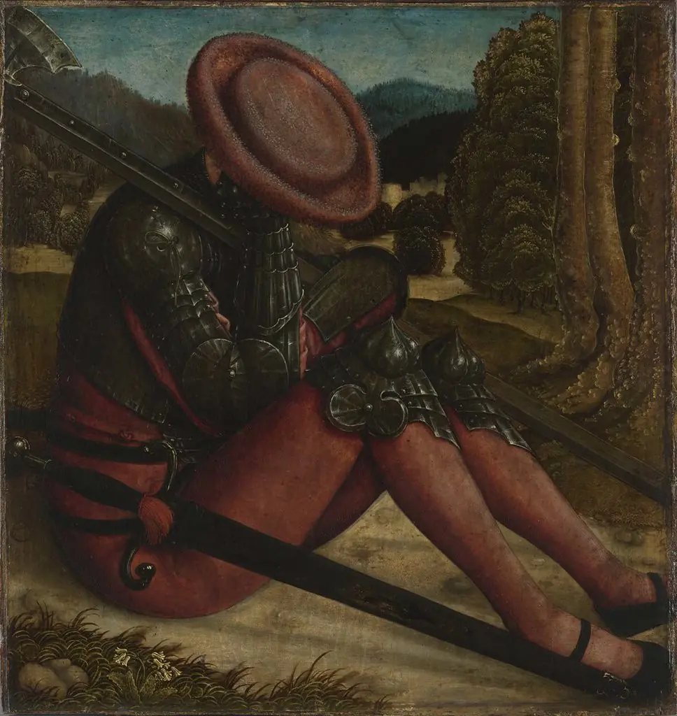Sleeping guardian of a grave with sword and halberd