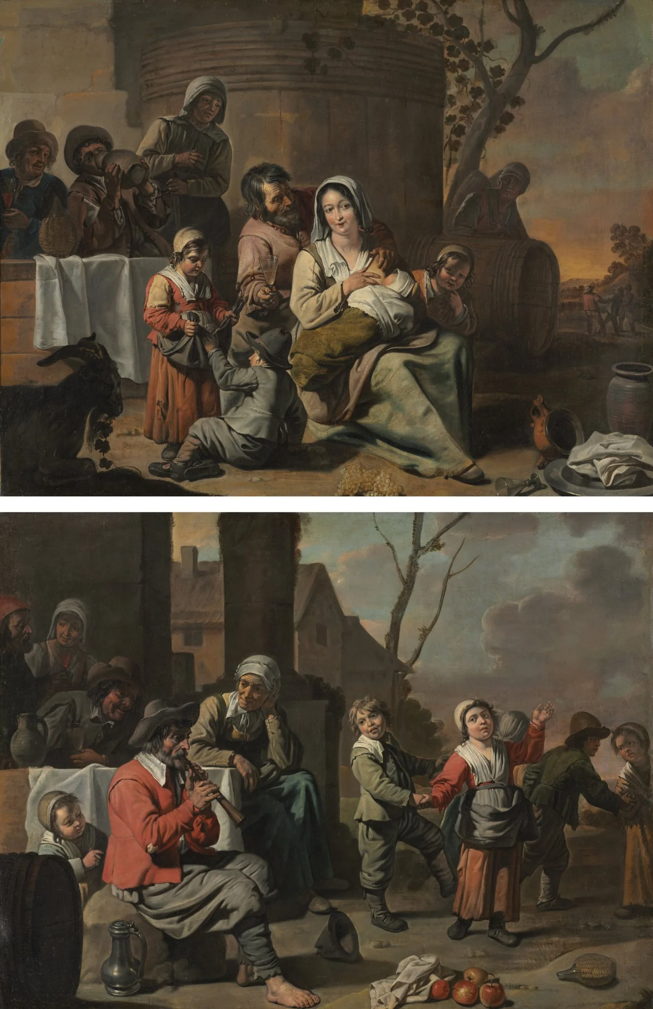Vintage Scene and Peasant Children Dancing (painting pair), by Mathieu Le Nain, unspecified, 1654