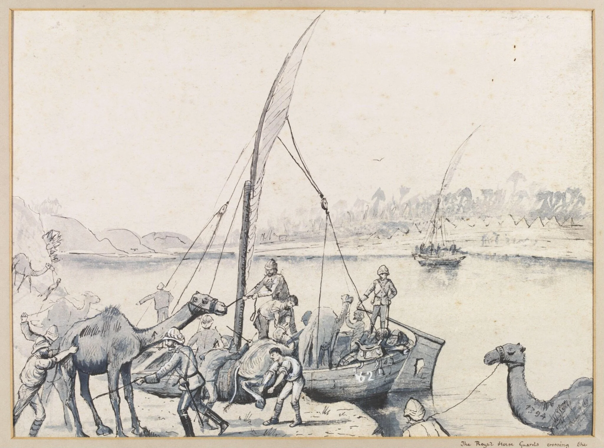 The Royal Horse Guards crossing the Nile at Handak, by William S. Perry, watercolor, 1884
