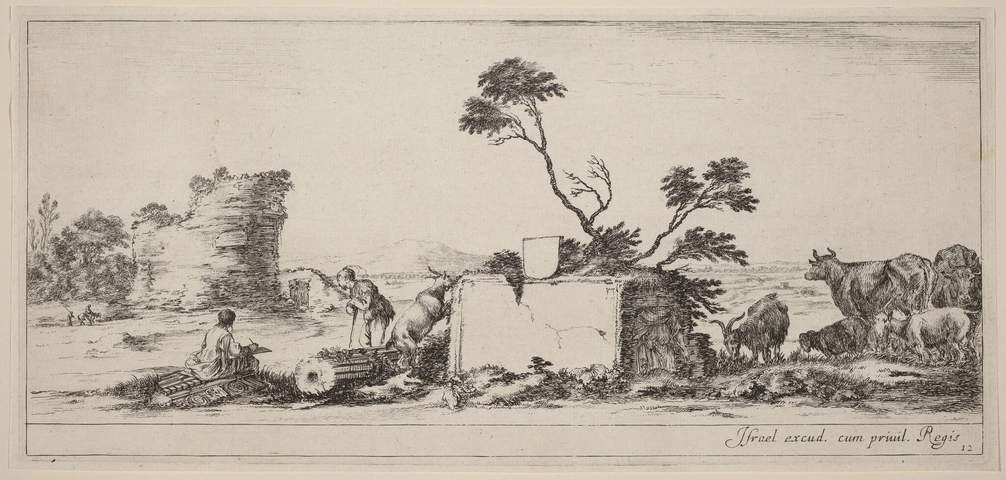 Campagna Scene with Artist Sketching, by Stefano Della Bella, ink, 1647