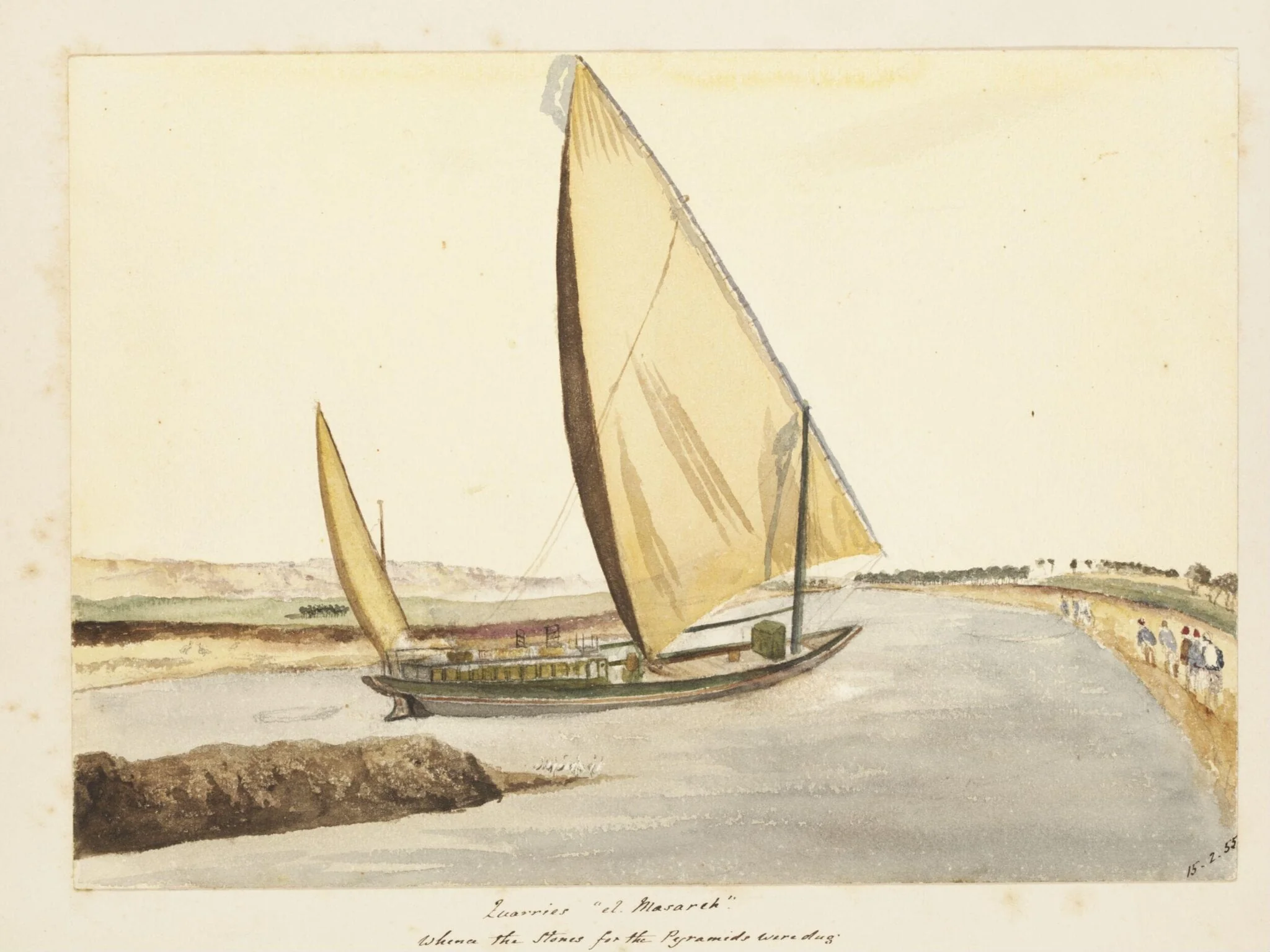 `Quarries "el. Masareh."  Whence the Stones for the Pyramids were dug.  On the Nile', by George de Sausmarez, watercolor, 1855