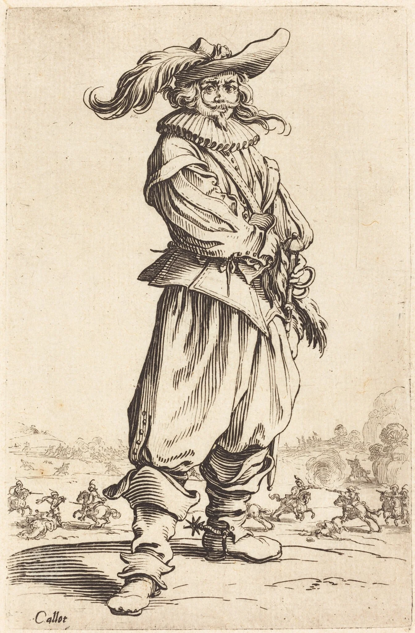 Soldier with Feathered Hat, by Jacques Callot, ink, 1622
