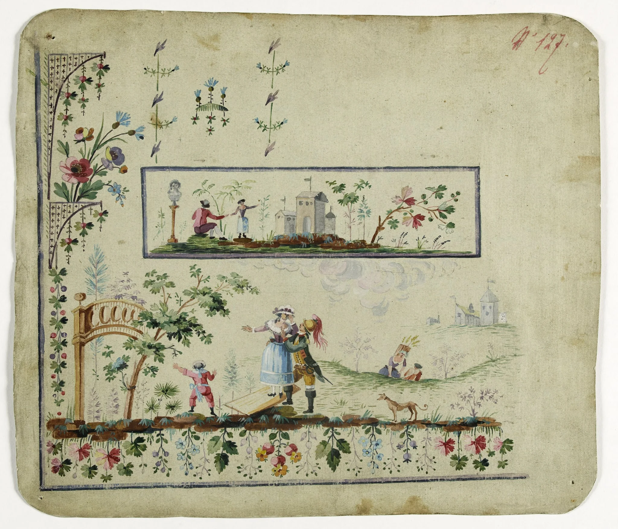 Gilet décor séduction entre un officier et une paysanne, projets de broderies de gilet, XVIIIème siècle, by Anonyme, 1750