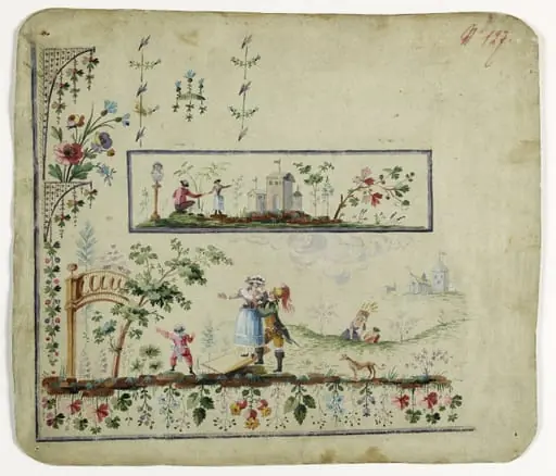 Gilet décor séduction entre un officier et une paysanne, projets de broderies de gilet, XVIIIème siècle