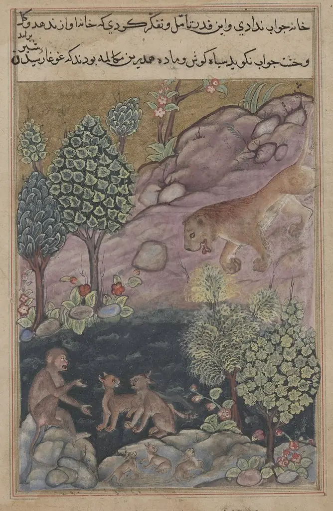 The lion returns to his territory and sees the monkey conversing with the lynx, from a Tuti-nama (Tales of a Parrot): Twenty-ninth Night