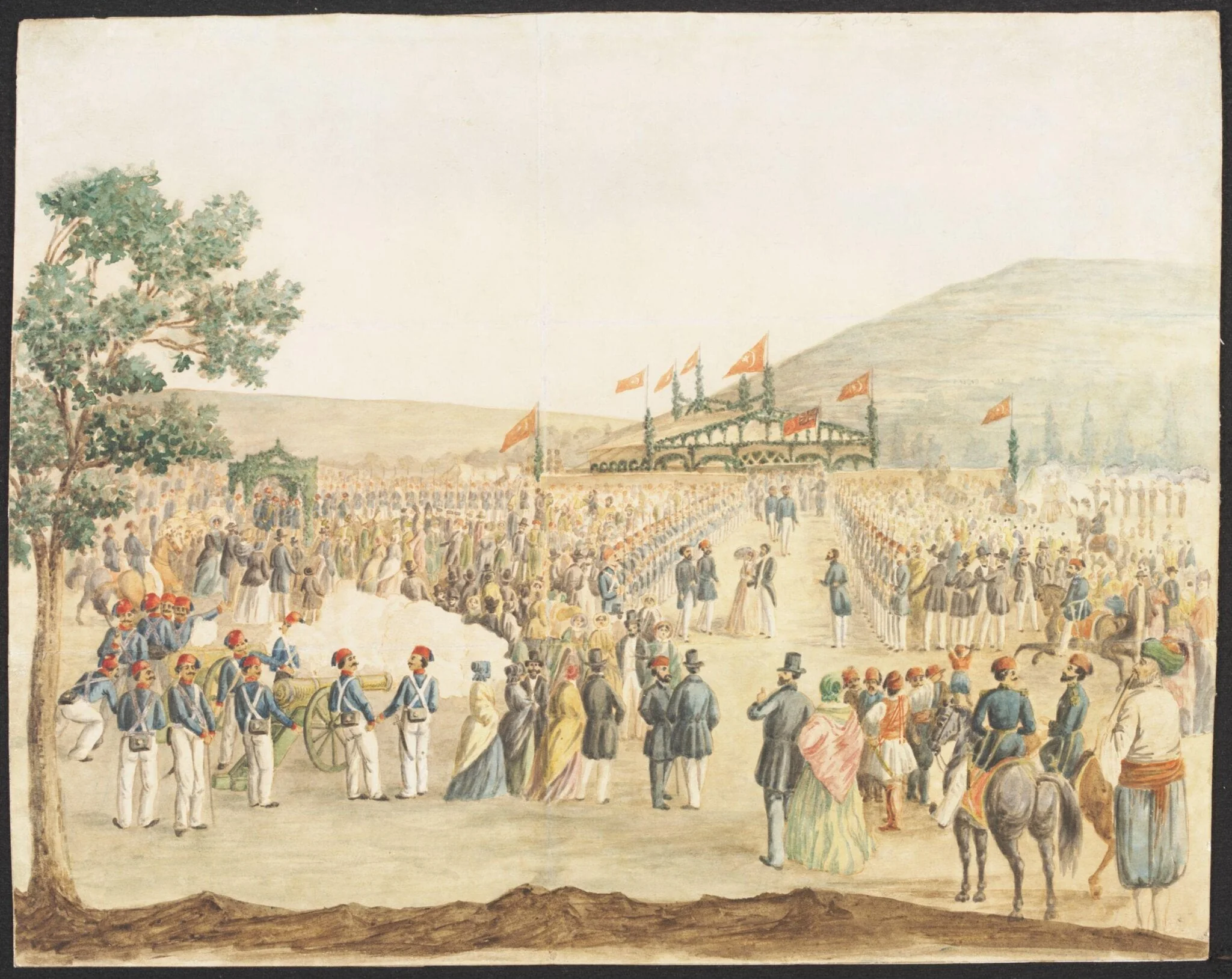 A Reception, probably for Naval Dignitaries, in Turkey, by Unknown, watercolor, 1850