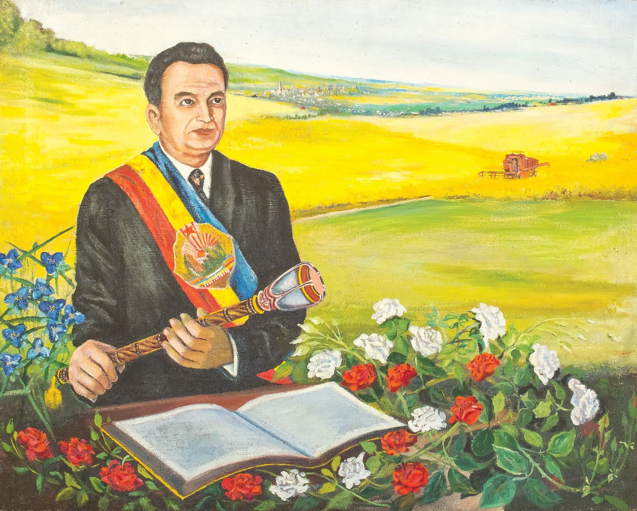 Tablou, ulei pe pânză, ”Nicolae Ceaușescu, președinte”, nesemnat, atribuit I.C. Popescu - Stolojan. Nicolae Ceaușescu este prezentat în momentul învestirii în funcția de președinte al Republicii Socialiste România. Poartă însemnele funcției eșarfa tricoloră, sceptrul prezidențial. Sala Marii Adunări Naționale a fost înlocută cu un fundal agricol - un lan de grâu treierat de o combină. Pupitrul este decorat cu trandafiri și iriși. Oferit de autor, 1976.