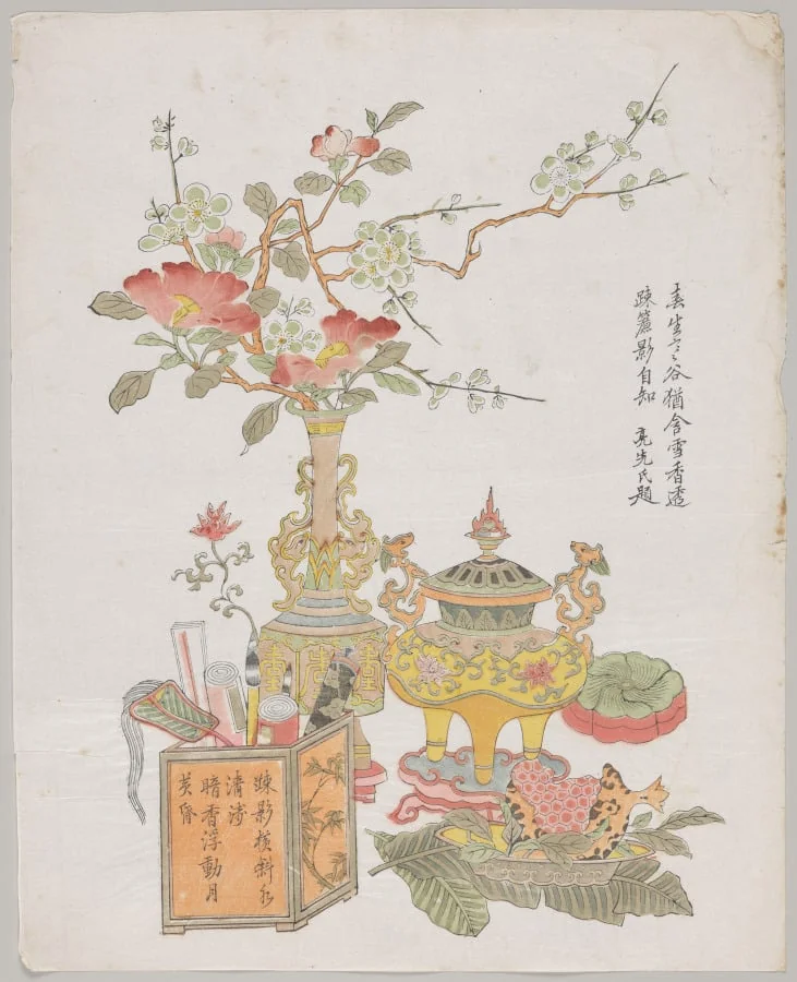 Plum and Camellia in a Bronze Vase, by Unknown, 1725